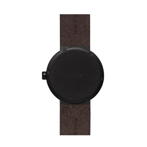 D38 black case brown leather strap tube watch leff amsterdam design by piet hein eek back 1
