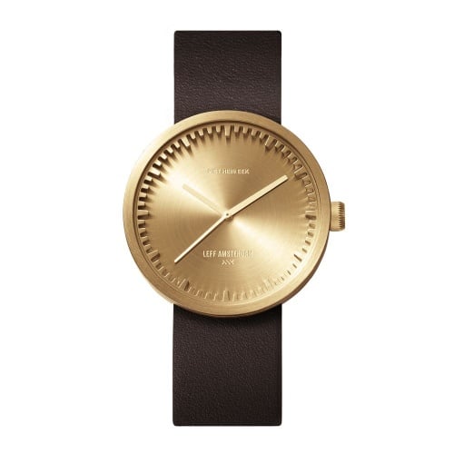 D38 brass case brown leather strap tube watch leff amsterdam design by piet hein eek front 1