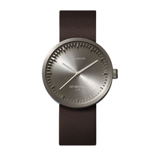 D38 steel case brown leather strap tube watch leff amsterdam design by piet hein eek front 1