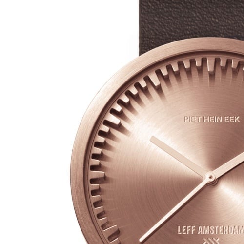 D38 rose gold case brown leather strap tube watch leff amsterdam design by piet hein eek zoom v2